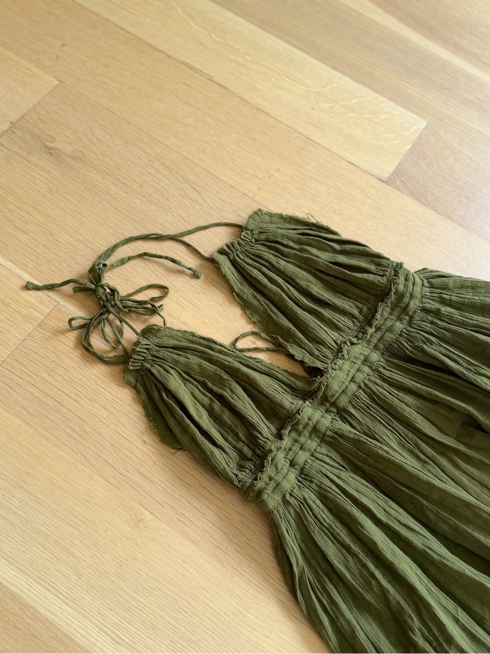Free People Size Large Olive Green Halter Mini Dress Boho Hippie Cotton V Neck - Picture 5 of 16